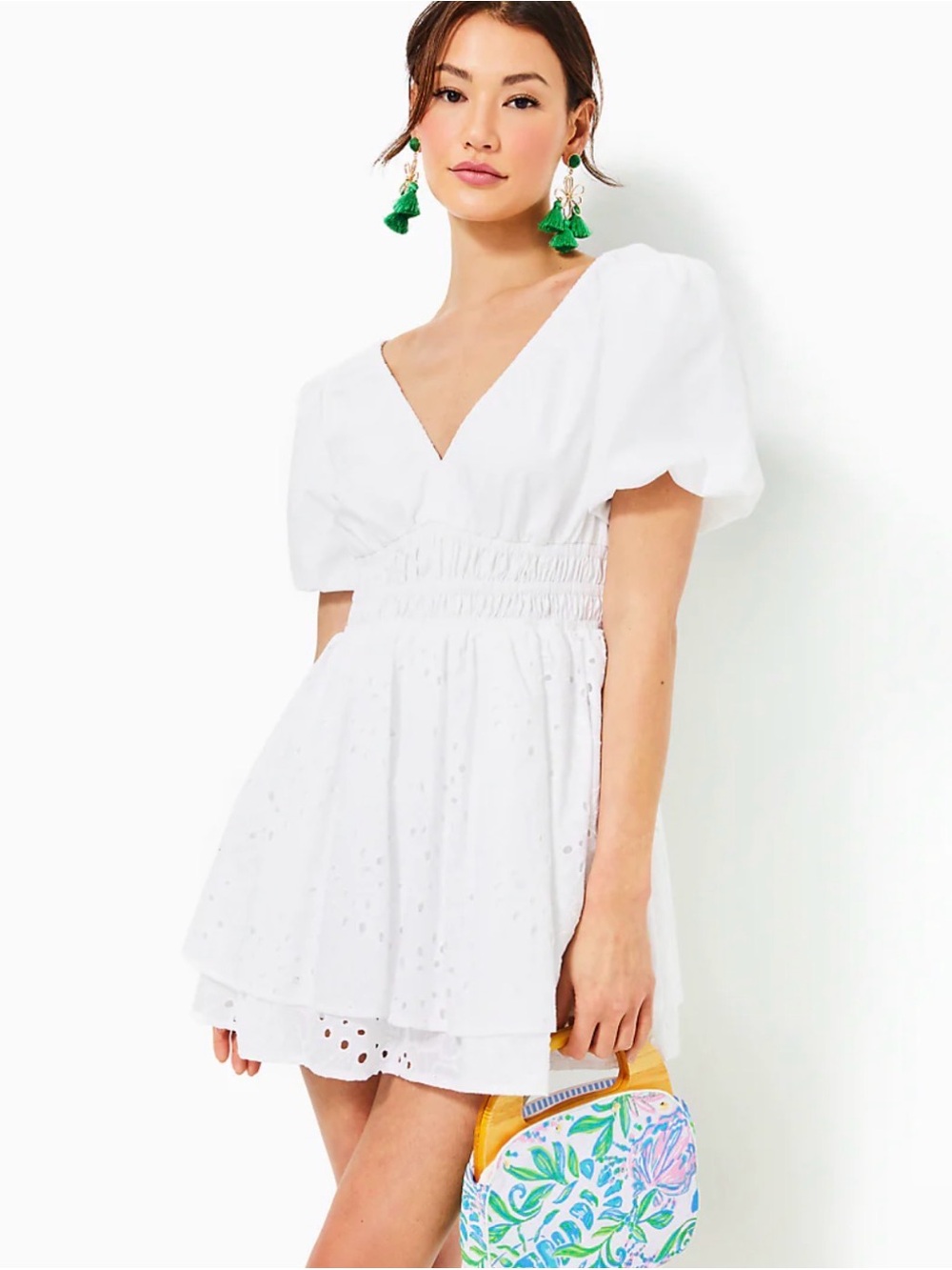 Lilly Pulitzer AXELLE EYELET ROMPER, RESORT WHITE Puff-Sleeve Mini Dress XS 2